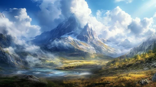 Sunlit alpine spires above misted valley and river basin.