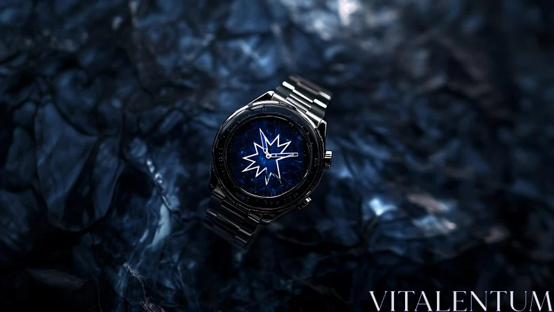 Luxury steel watch floats above shimmering dark texture.