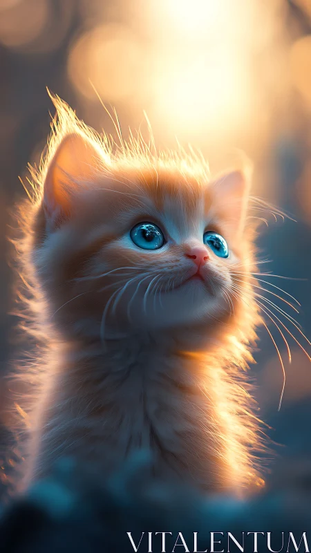 White Kitten with Luminous Blue Eyes in Golden Light.