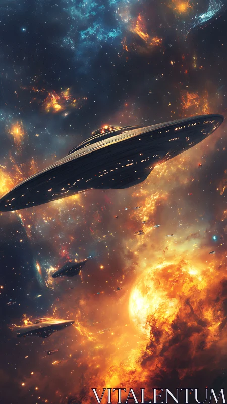 Starborne armada skims a burning sun in emberlit void.