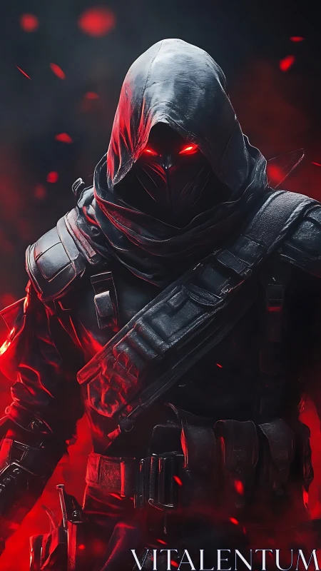 Hooded armored figure with glowing eyes in red lighting.