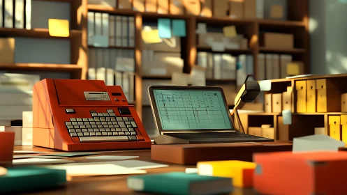Retro calculator and laptop on cluttered office desk.