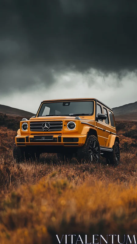 Yellow off-road SUV stands on grassy hillside under storm clouds