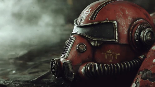 Red armored helmet rests on wet ground in diffuse fog