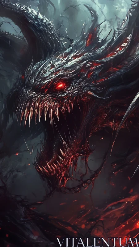 Infernal dragon wreathed in ember-lit smoke and shadow.