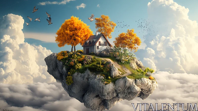 Floating Island House. Golden Autumn Sanctuary Above Clouds.