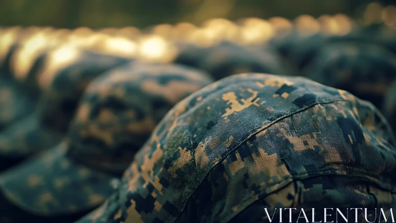 Digital camo field caps aligned in shallow depth focus.