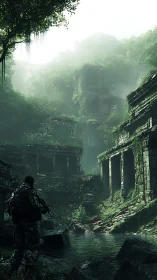 Soldier observing misty jungle ruins and overgrown temples.