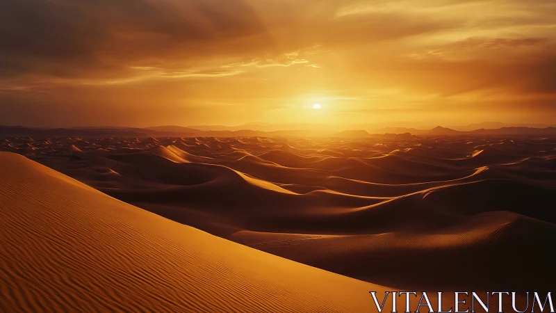 Golden desert dunes glow under low setting sun