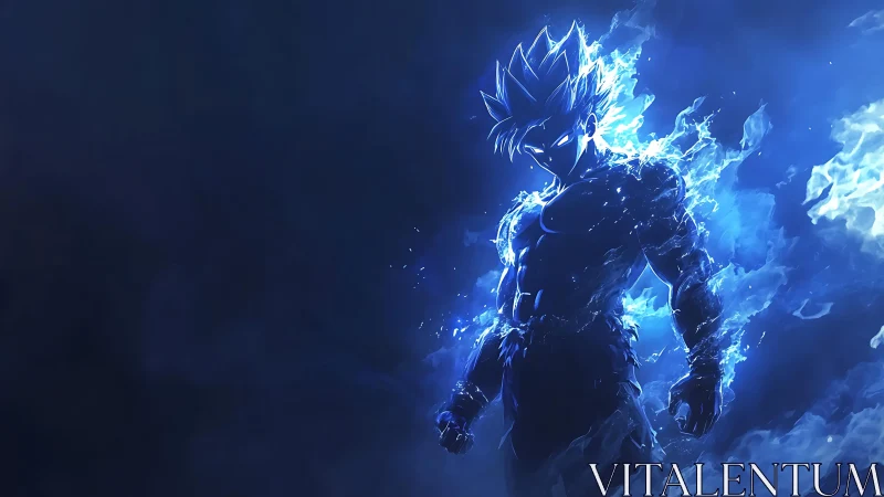 Silhouetted energy figure stands in blue luminous flames