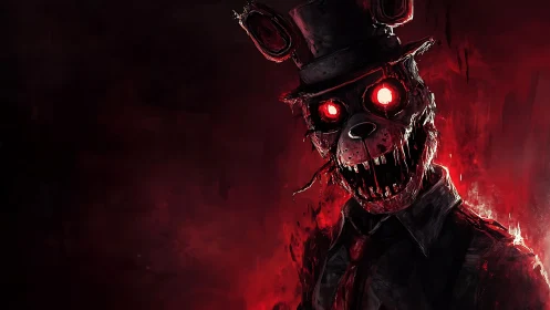 Demonic animatronic bear portrait with burning red eyes.