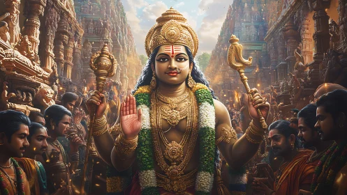 Hindu deity statue carried in crowded temple procession.