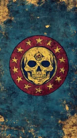 Weathered emblematic skull crest with radial star array.