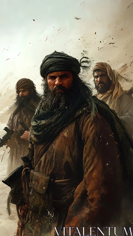 Desert warriors stride forward through swirling sandstorm.