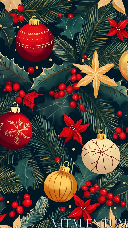 Ornaments in evergreen tangle weave a festive winter spell.