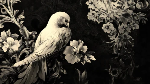 Elegant parrot and floral illustration in vintage monochrome style.