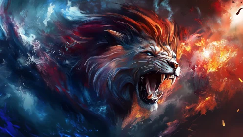 Roaring elemental lion splits stormfire sky in motion