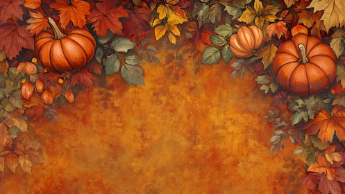 Pumpkins drift through copper leaves in a glowing autumn frame