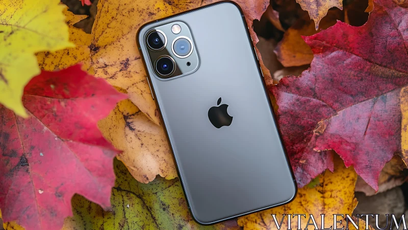 iPhone 13 Pro Max displaying triple camera array system in silver finish against autumn foliage