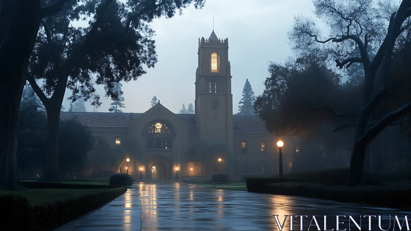 Gothic collegiate bell tower at dusk in rainy, mist-filled quad