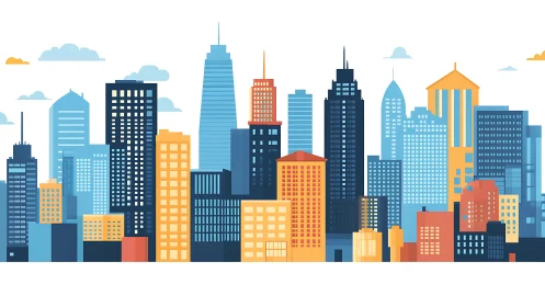 Bright city skyline where cozy color blocks meet daylight.