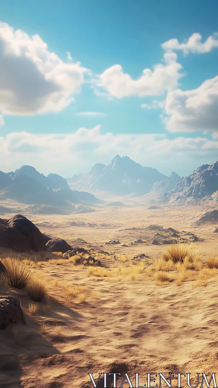 Rendered arid valley extends toward distant mountain ridges