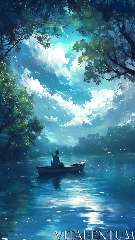 Solitary rowboat under luminous sky on tranquil river.