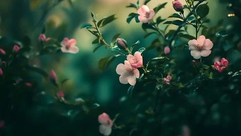 Soft Pink Blossoms in Emerald Garden.