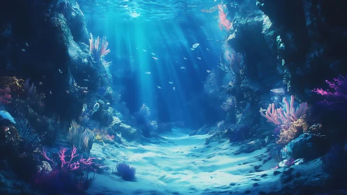 Volumetric light rays traverse a 3D-rendered coral canyon seafloor