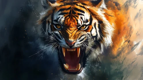Roaring tiger head in dynamic dual-tone abstract environment