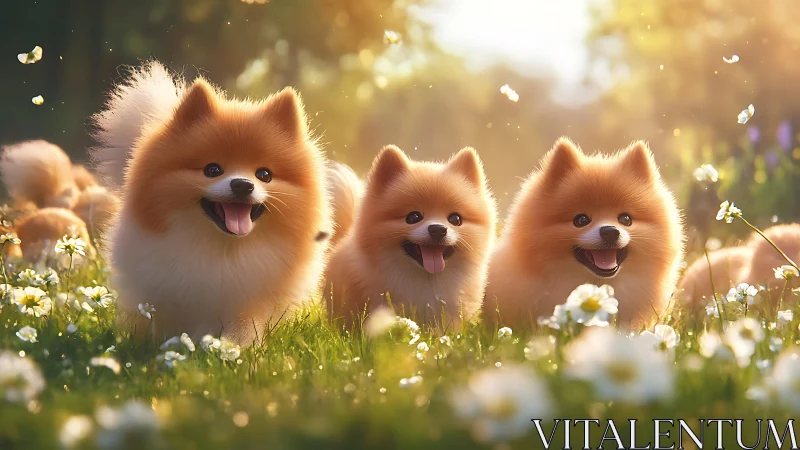 Fluffy Pomeranian trio running through sunlit spring meadow.