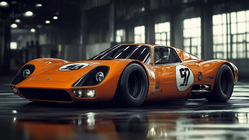 Aerodynamic orange endurance racer under diffuse hangar lighting.
