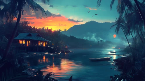 Tropical Paradise at Dusk: Glowing Home by the Water.