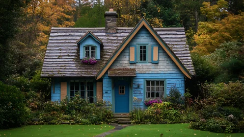 Charming blue cottage nestles in lush autumn woodland garden.