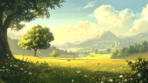 Sunlit alpine valley meadow with trees, wildlife and clouds