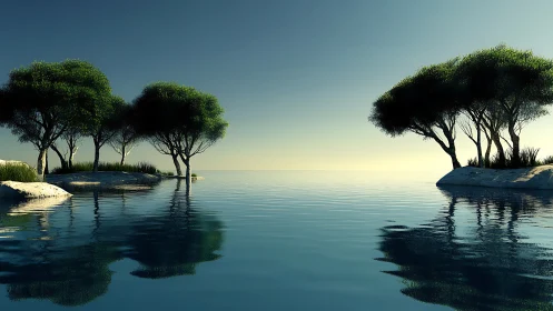 Tranquil Oasis: Where Ancient Trees Meet Calm Waters.