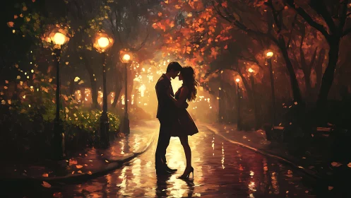 Couple Kissing Under Autumn Streetlights at Night.