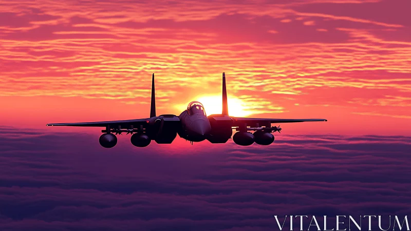 Jet fighter silhouette intersects a saturated digital sunset sky