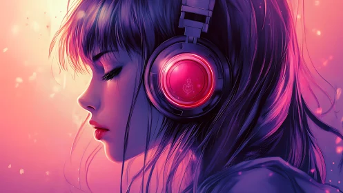 Profile view of woman with headphones in neon gradient light.