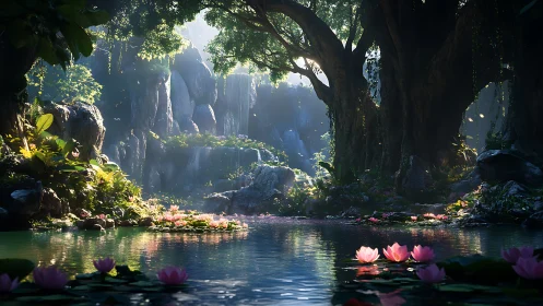 Enchanted jungle lagoon renders luminous lilies and cascades