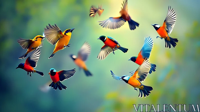 Colorful songbirds in flight, vibrant nature scene, soft focus artwork.