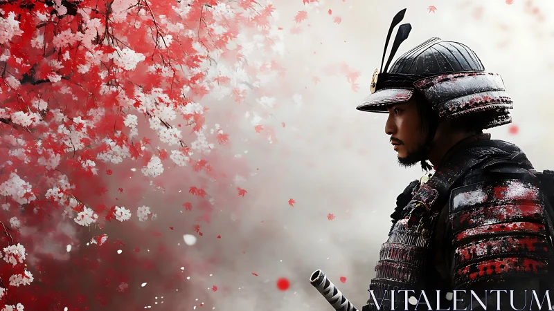 Samurai warrior studies falling sakura under misted sky