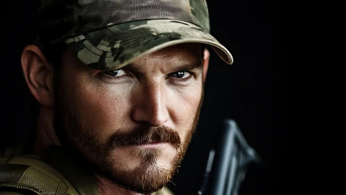 Steel-eyed soldier in shadow, grit carved across his face.