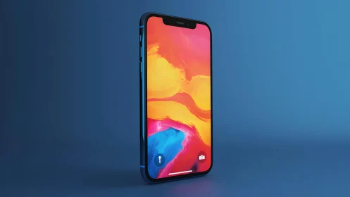 Modern smartphone with abstract wallpaper on blue background.