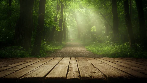 Forest Pathway with Wooden Platform: Luminous Atmospheric Perspective.