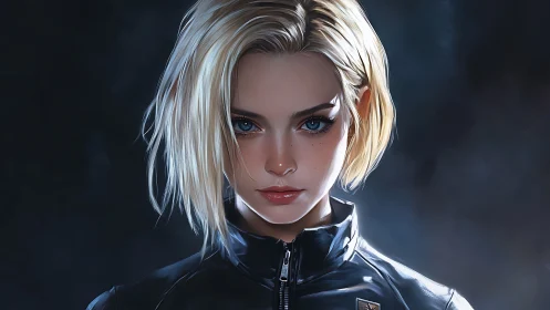 Cool gaze, bright edge: cyber-chic heroine in shadows.