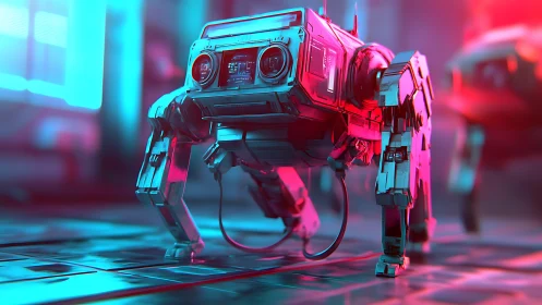 Quadruped robot in neon-lit lab with cyan and magenta glow.
