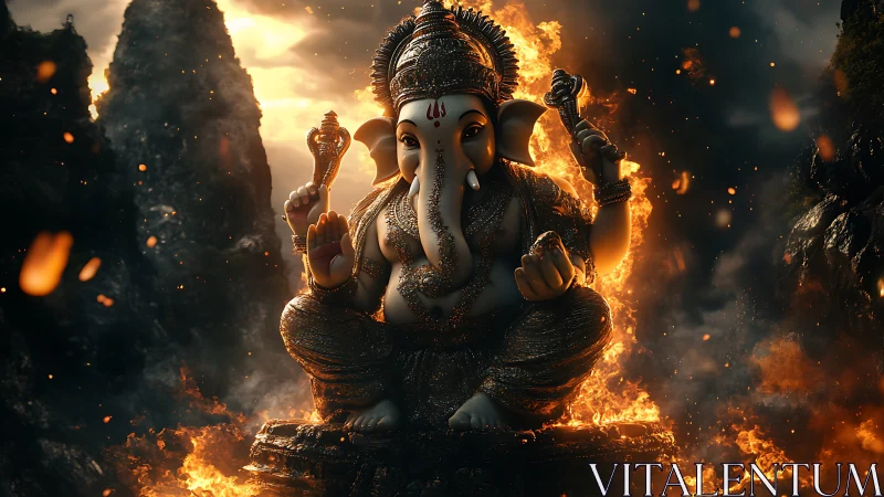 Fiery deity statue amid volcanic cliffs in dramatic glow.