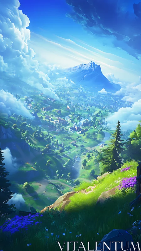 Sunlit alpine valley with distant snowcapped mountain peak