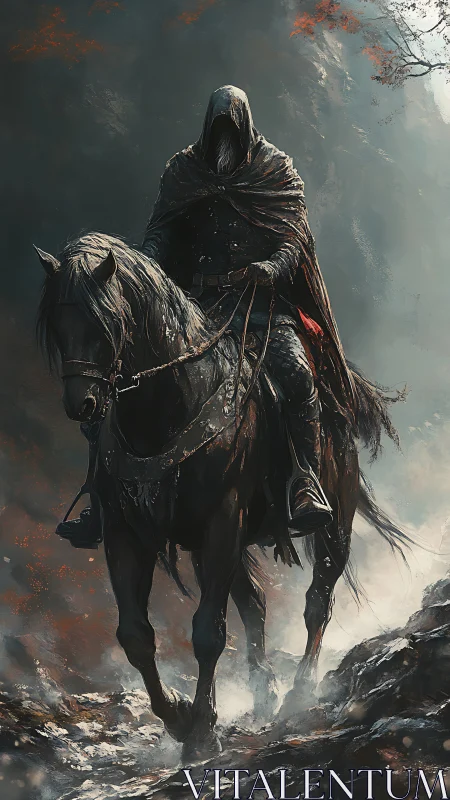 Shadowed rider crossing a misty mountain pass at dusk.